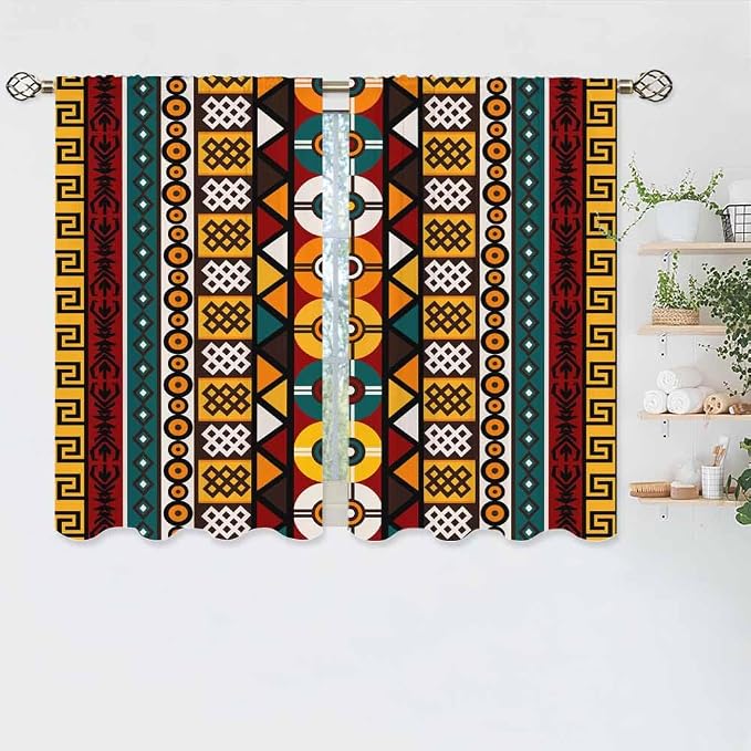 Kente Pattern Kitchen Curtains African Ancient Ethnic Tribal Geometrical Motifs - Image 5