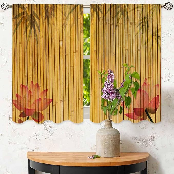 Bamboo Kitchen Curtains Pink Lotus Twigs Tree Branch Chinese Leaves Plants - Image 6
