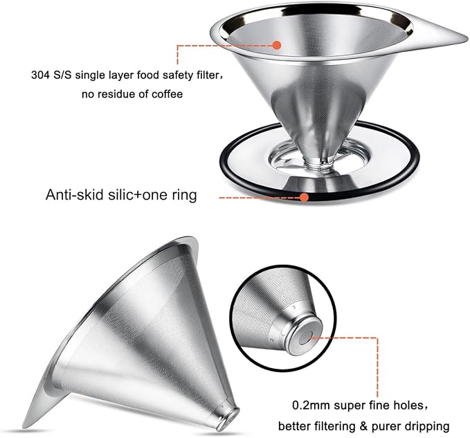 LHS Pour Over Coffee Dripper Stainless Steel Coffee Filter Metal Cone Filter - Image 2