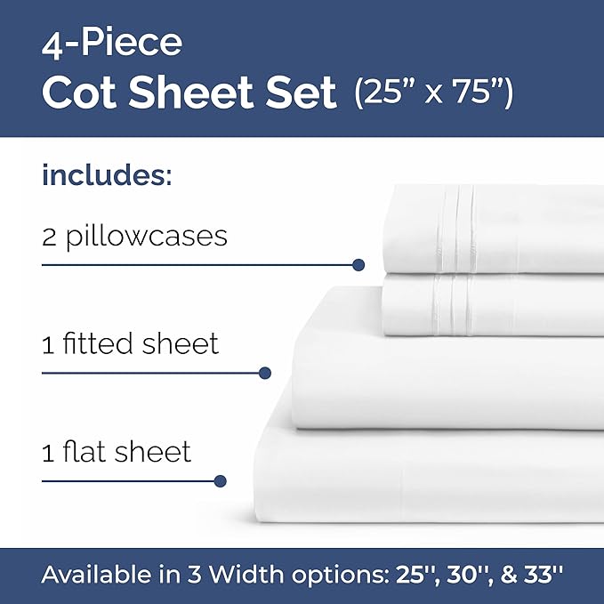 Cot Sheet Set 25” x 75” – Easy-Fit Cot Size Mattress Sheets – Ideal for Narrow Twin, Camper Bunk, RVs, Twin Bunks, Day Care and Camping Cots - Cot Size Fitted Sheet fits 6” to 10” Mattresses – White