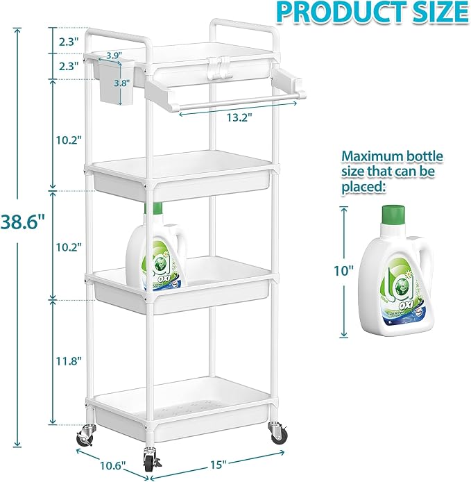SPACEKEEPER Rolling Storage Cart, 4-Tier Bathroom Organizer Utility Cart - Image 4