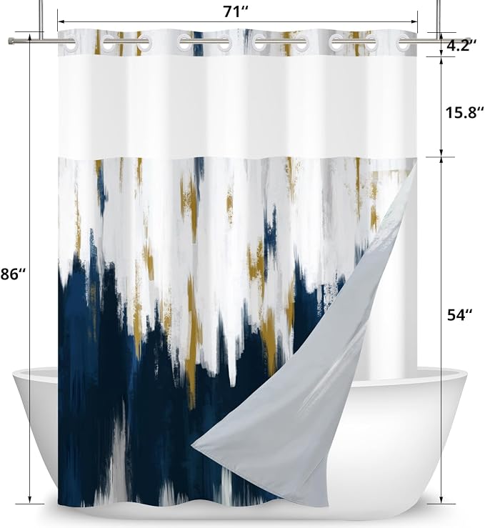No Hook Shower Curtain with Snap in Liner, Hotel Style Navy Blue White Gold - Image 6