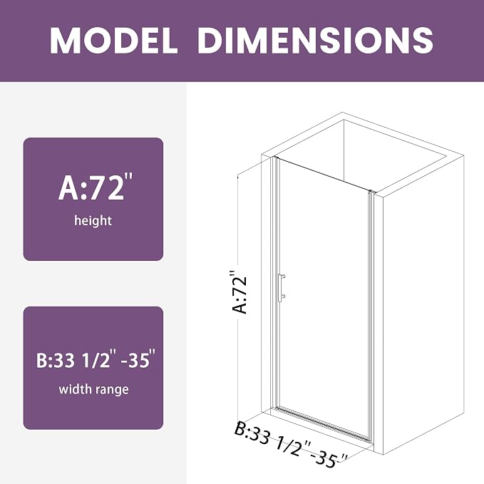 Glass Shower Door 33.5-35" W x 72" H, UCALAFEE Frameless Pivot Swing Door - Image 9