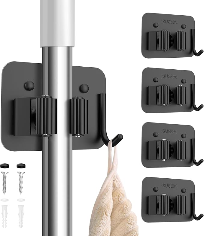 nacena Broom Holder Wall Mount, 4 Packs Black Stainless Steel Mop and Broom by Unknown