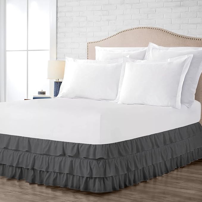 Multi-Ruffle Bed Skirt, Soft Multi Ruffle Bed Skirt Elastic Dust Ruffles with Wrap Around Bed Skirt Easy Fit with 18 Inch Drop 100% Cotton 800 Thread Count Bed Skirt (King, Dark Grey)