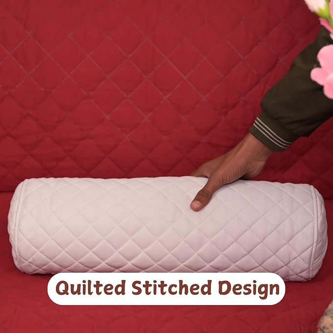 Neck Roll Pillow Cushion Cover, 24x6 Inch Full Moon Round Bolster Pillow Case, Cylinder Soft Lambskin Leather Pillowcase for Head, Spine & Neck Support During Sleep - Quilted White Pack of 2
