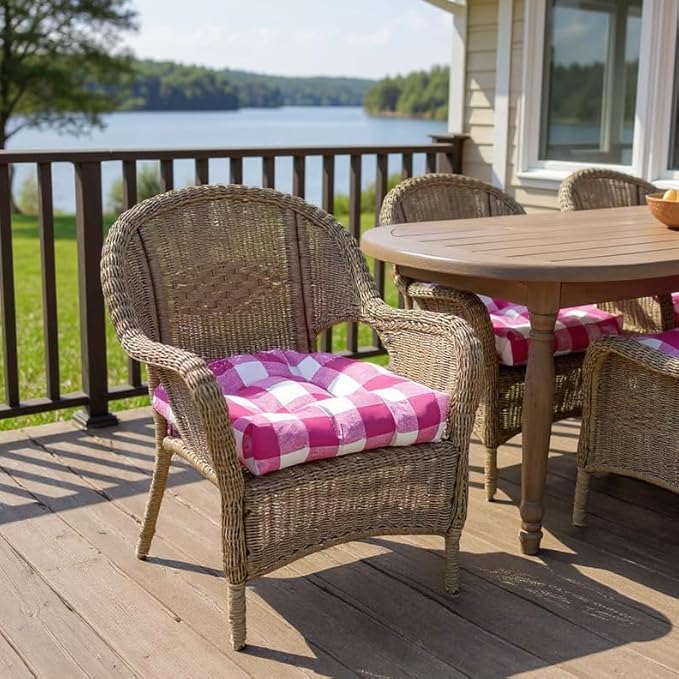 RSH DECOR: Tufted U-Shape Wicker Seat Cushions Set of 2 | 19” x 19” | All-Weather Spun Fabric | Water-Resistant | Outdoor Chair Cushions for Patio Furniture | Classic Pink Buffalo