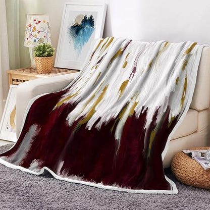 Abstract Ombre Throw Blankets, Modren Chic Art Oil Painting Cozy Warm Bed Couch Blanket, Burgundy Gold White Fleece Flannel Throws to Decorate The Room and Bedroom