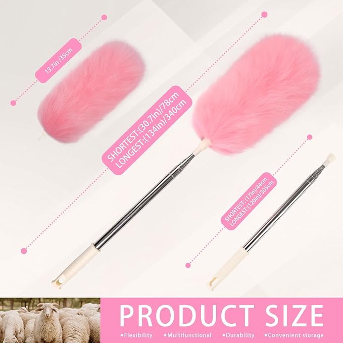 Extendable Lambswool Duster Stainless Steel Handle 133" Removable Feather Duster - Image 2