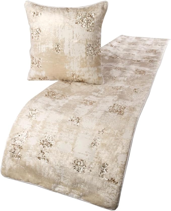 The HomeCentric Ivory Bed Runner, CA King Size 86"x18" Decorative Bed Runner with 2 Matching Pillow Cover, Ivory Velvet Bed Scarf in Foil Velvet with Sequin - Creative Grudge