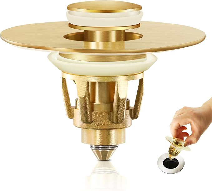 Gold Bathroom Sink Stopper – Pop Up Drain Stopper & Strainer, 2-in-1 Universal by QYHNYJF