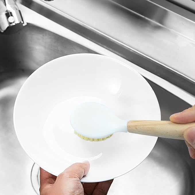 3 Pcs Kitchen Dish Brush with Bamboo Handle, Dish Scrubber Brush Built-in - Image 4