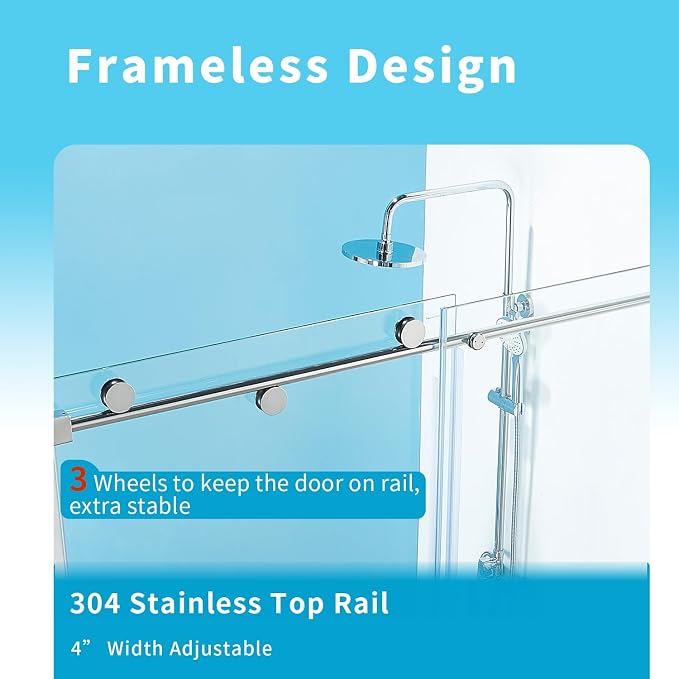 56-60" W x 76" H Frameless Sliding Shower Door, Frameless Shower Door, Shower - Image 4
