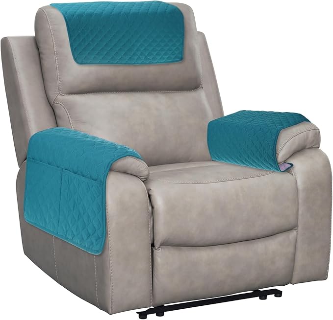 uxcell 3 PCS Armrest Covers, Couch Arm Cover Furniture Protect Slide Recliner Chair Armchair Covers with Side Storage Pocket for Sofa Recliner, Lake Blue