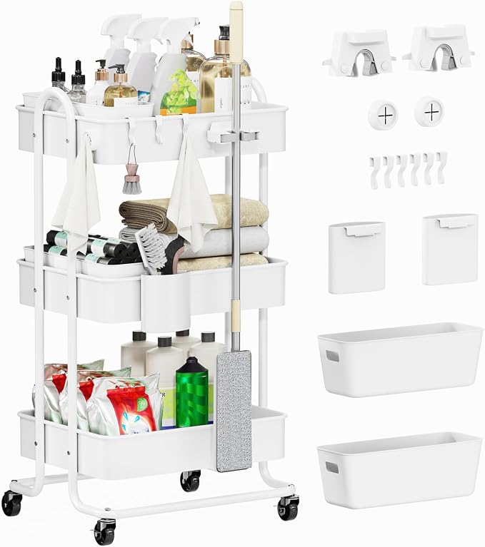 3 Tier Metal Rolling Utility Cart Organizer, Cleaning Supplies Carts by Unknown