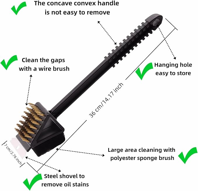3-in-1 Grill Brush with Scraper & Scrub Pad, 14.5" Long Handle Brass Brush - Image 2
