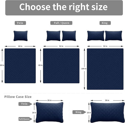Easy-Going Full/Queen Size Reversible Quilt Set with 1 Quilt and 2 Pillow Shams, Soft Bed Quilt Cover, Water Resistant Lightweight Bedspread, Stain Resistant, Navy/Ivory