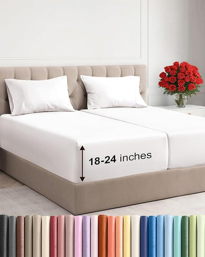 Extra Deep Pocket Split King Sheets - 5 Piece Breathable Cooling Bed Sheets - Hotel Luxury Sheet Set - Soft, Wrinkle Free & Comfy - Easily Fits Extra Deep Mattresses - Deep Pocket Antique White Sheets