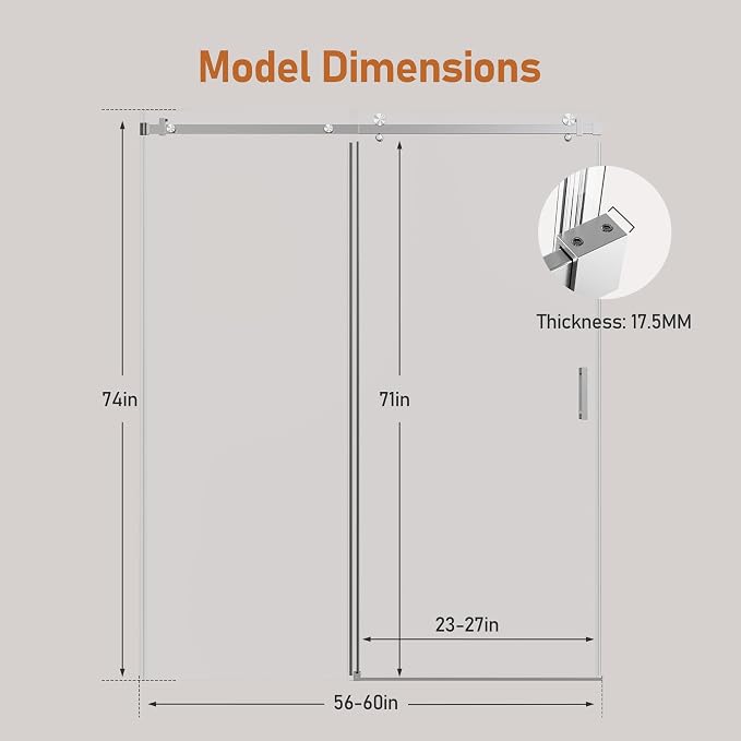 56-60 Inch Frameless Sliding Shower Door, 5/16" Clear Tempered Glass, Smooth - Image 2