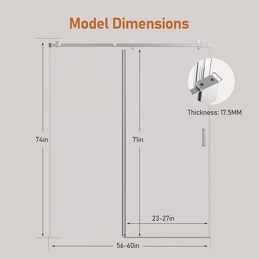 56-60 Inch Frameless Sliding Shower Door, 5/16" Clear Tempered Glass, Smooth - Image 2