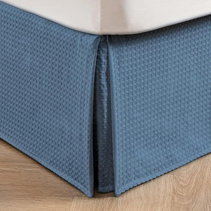 MIYE Pleated Waffle Weave Bed Skirt, Tailored Dust Ruffle 16 Inch Drop Easy Fit, Machine Washable (Blue, Full - 16" Drop)
