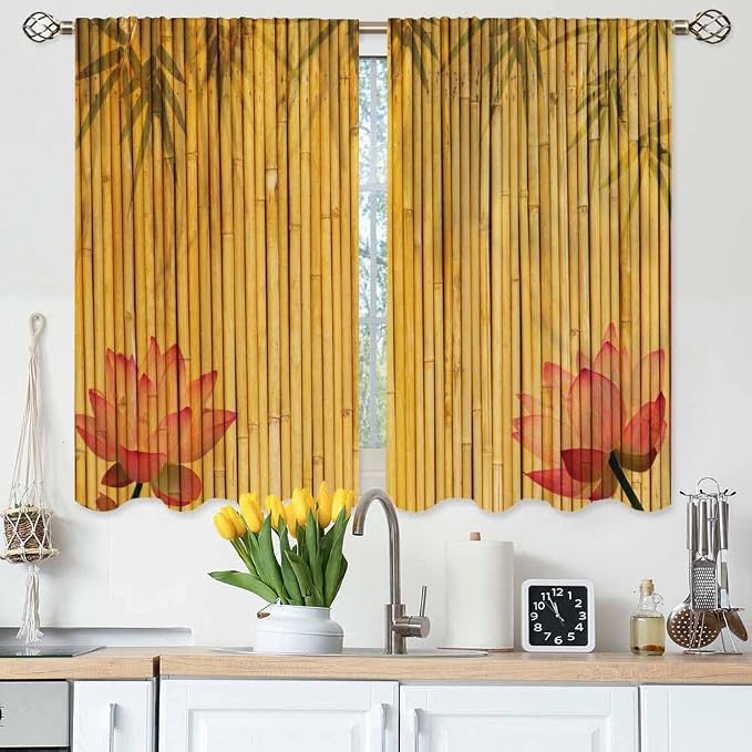 Bamboo Kitchen Curtains Pink Lotus Twigs Tree Branch Chinese Leaves Plants by Unknown