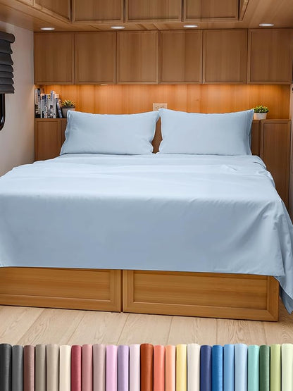 RV Short Queen Sheet Set 60 X 75 - 4 Piece RV Short Queen Bed Sheets - Soft, Breathable and Cooling - Designed for Bunks, Trailers & Campers - Fits 8” to 12" Mattress - Hotel Luxury Bedding - Sky Blue
