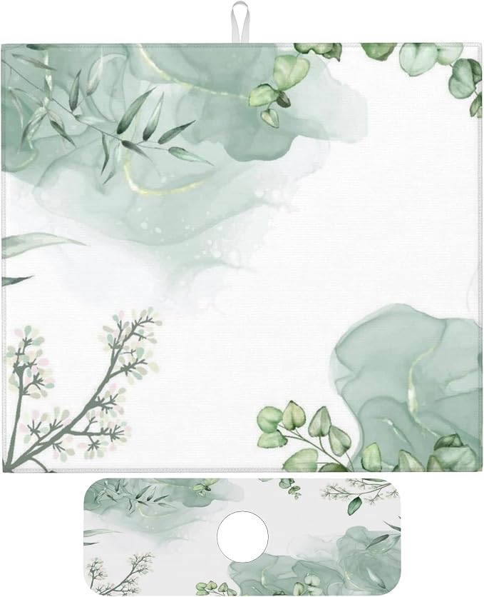 Watercolor Green Leaf Floral Dish Drying Mat by Unknown