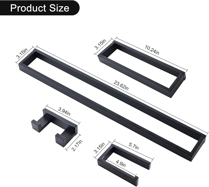 TNOMS Black Towel Bar Set, 4-Pieces Bathroom Hardware Set Modern Bathroom Towel - Image 6