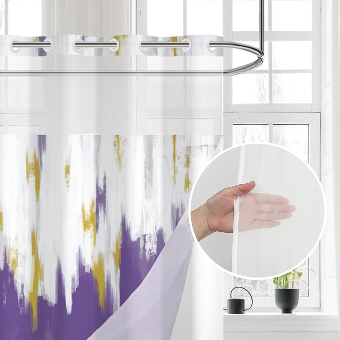 No Hook Shower Curtain with Snap in Liner, Hotel Style Purple White Gold Brush - Image 3