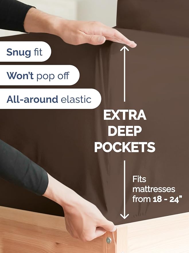 Extra Deep Pocket Cal King Sheets - 4 Piece Breathable & Cooling Bed Sheets - Hotel Luxury Bed Sheet Set - Soft, Wrinkle Free & Comfy - Easily Fits Extra Deep Mattresses - Deep Pocket Brown Sheets Set