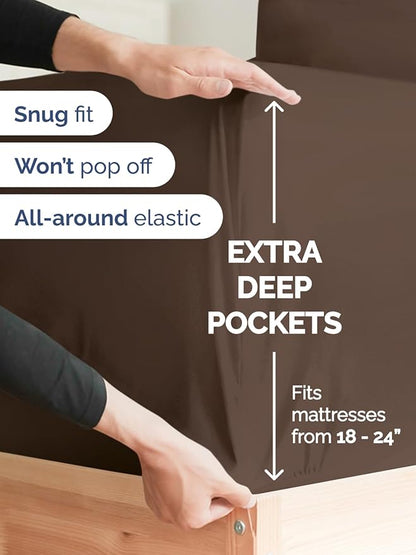 Extra Deep Pocket Cal King Sheets - 4 Piece Breathable & Cooling Bed Sheets - Hotel Luxury Bed Sheet Set - Soft, Wrinkle Free & Comfy - Easily Fits Extra Deep Mattresses - Deep Pocket Brown Sheets Set