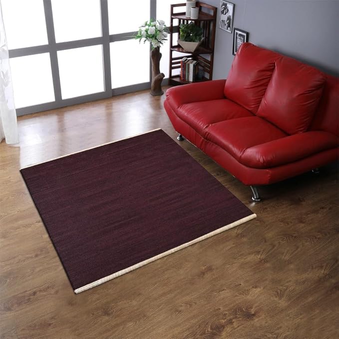 Rugsotic Carpets Hand Woven Flat Weave Kilim Wool ECO-Friendly Area Rugs - 8'x8', Square Shape, Plum Color, Solid Plain Design, Low Pile Handmade Area Rugs for Living Room, Bed Room (D00111)