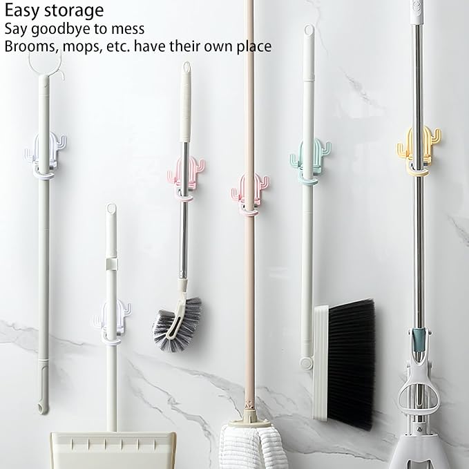 4 Pack Broom and Mop Holder Wall Mount，Cute Cactus Wall Utility Hooks No Drill - Image 5