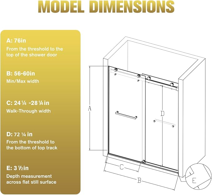 Shower Door 56–60 in W x 76 in H 3/8" Tempered Glass Double Sliding Shower Door - Image 7