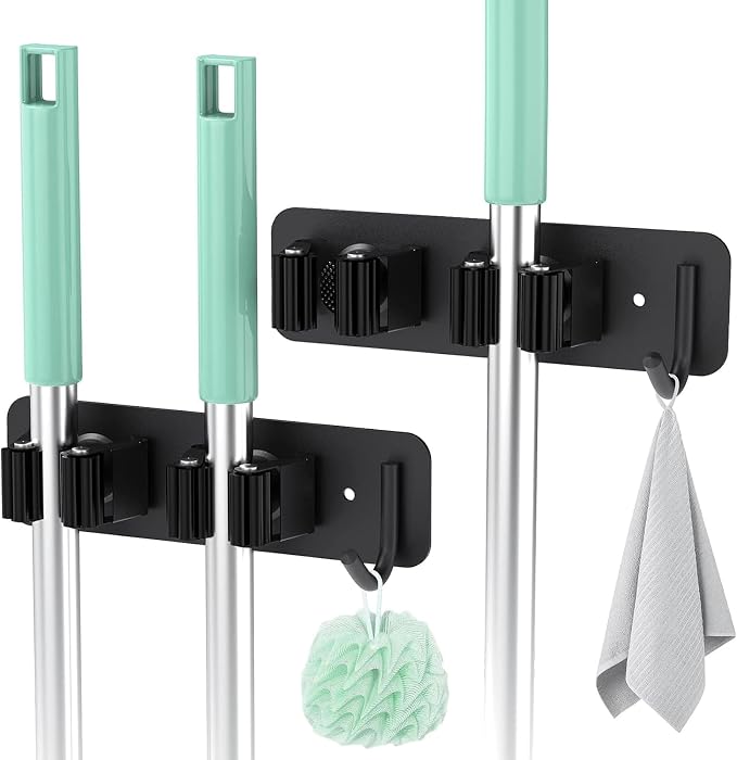 Wall Mounted Mop Holder Stainless Steel Mop and Broom Holder Self Free Brush - Image 2