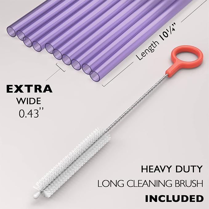 10 EXTRA WIDE Long Reusable Purple Hard Plastic Drinking Straws + Cleaning Brush - Image 2