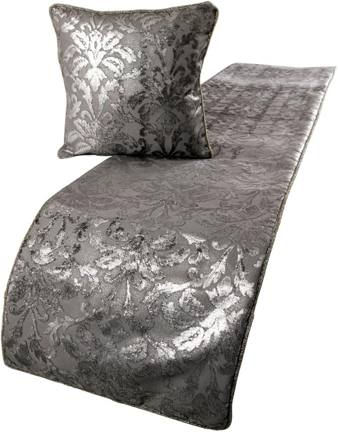 The HomeCentric Silver Bed Runner, CA King Size 86"x18" Decorative Bed Runner with 2 Matching Pillow Cover, Silver & Grey Velvet Bed Scarf in Foil Velvet Bead Border - Silver Glitterati