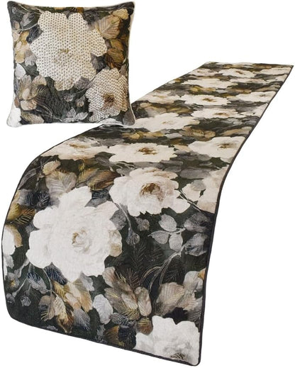 The HomeCentric King/Queen/Twin Gray & Brown Designer CA King 86"x18" Bed Runner Without Pillow Cover, Rose, Floral & Bead Embroidery Bed Scarf on Cotton Fabric - Rada