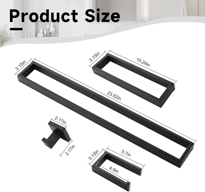 TNOMS Black Towel Bar Set, 5-Pieces Bathroom Hardware Set, 23.6 Inch Towel Rack - Image 6