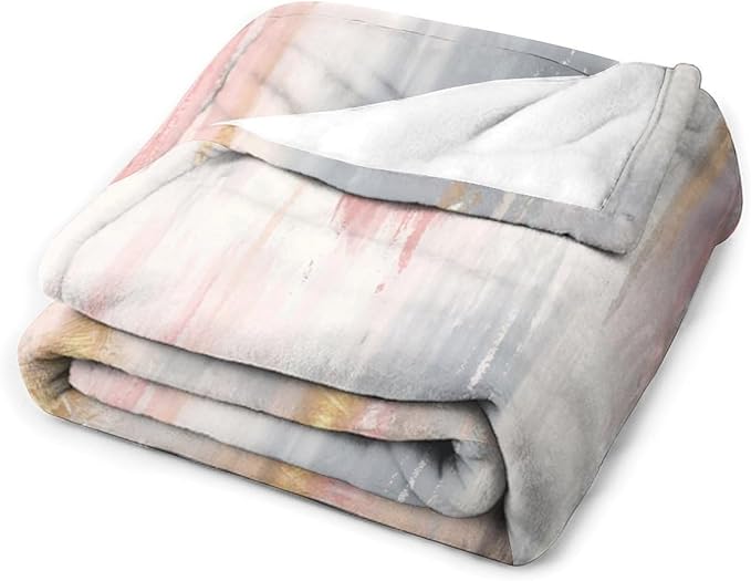 Fashion Gradient Blanket, Modern Art Baroque Gold Grey Pink Painting Strokes Pattern Soft Warm Cozy Plush Flannel Covers for Livingroom Bedroom Couch Chair Camping Travel Home Decor Tapestry 50x60in