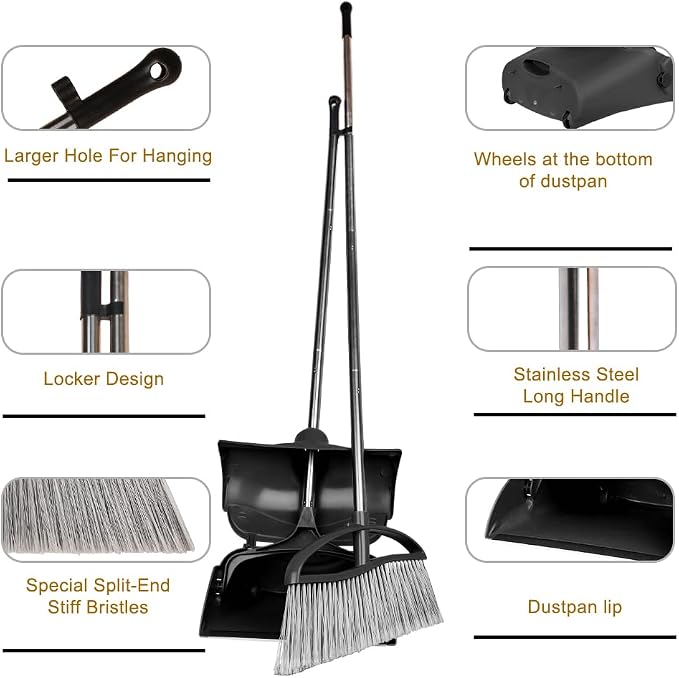Long Handle Heavy Duty Broom and Dustpan Set, Outdoor and Commercial Upright - Image 7