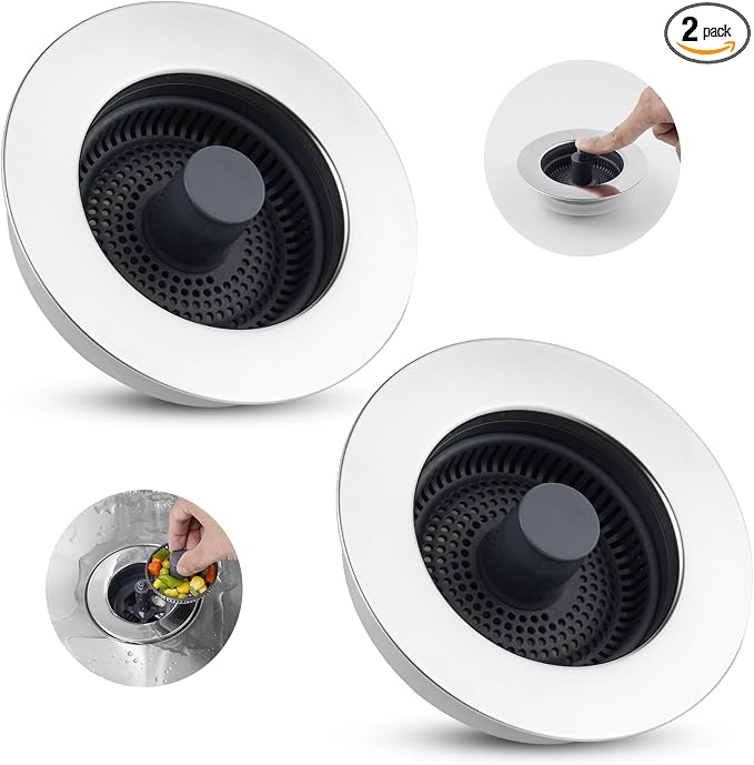 Hibbent 2 Pack 3 in 1 Kitchen Sink Drain Strainer, Stainless Steel Wrapped by Hibbent