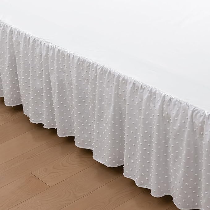 Tufted Dot Bed Skirt King Size Ruffled Bed Skirt with Split Corners, 16 Inch Drop Dust Ruffle Bed Skirts with Platform, White