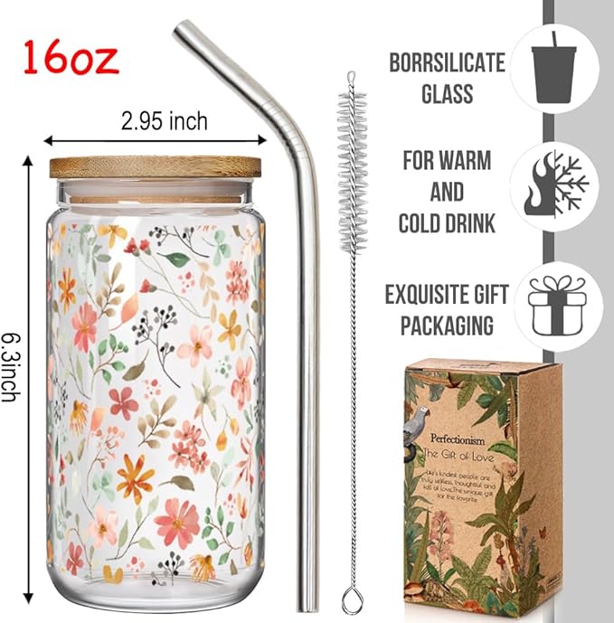 Floral Iced Glass Cups with Bamboo Lids and Straws 16oz Wildflower Coffee Cup - Image 5