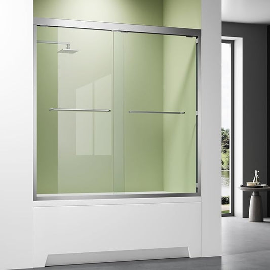 Satin Nickel 56-60'' W x 62'' H Bypass Sliding Bathtub Glass Shower Doors by Glazenclos