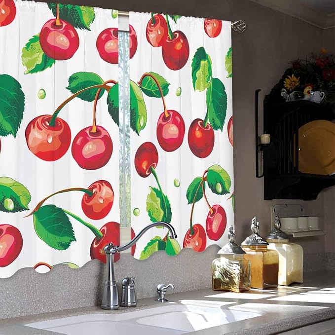 Red Cherry Kitchen Curtains Sweet Ripe Fruit Fresh Juicy Berry Short Tier - Image 4