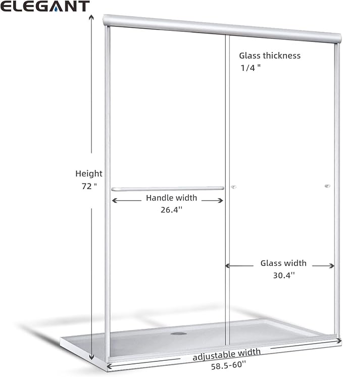 ELEGANT Semi-Frameless Sliding Shower Door 60 in. W x 72 in. H, Bathroom Shower - Image 7