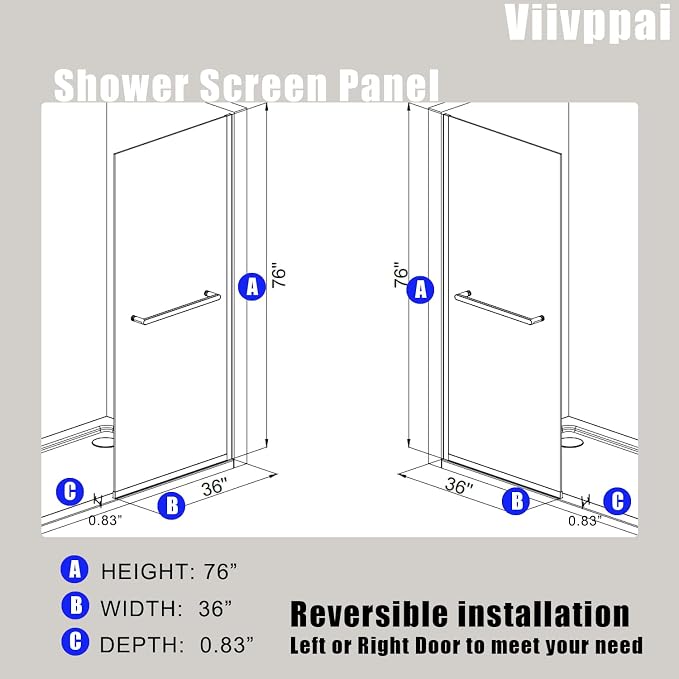 Shower Screen 36" x 76" Half Frameless Shower Wall Panel, Tempered Glass 3/8 - Image 2