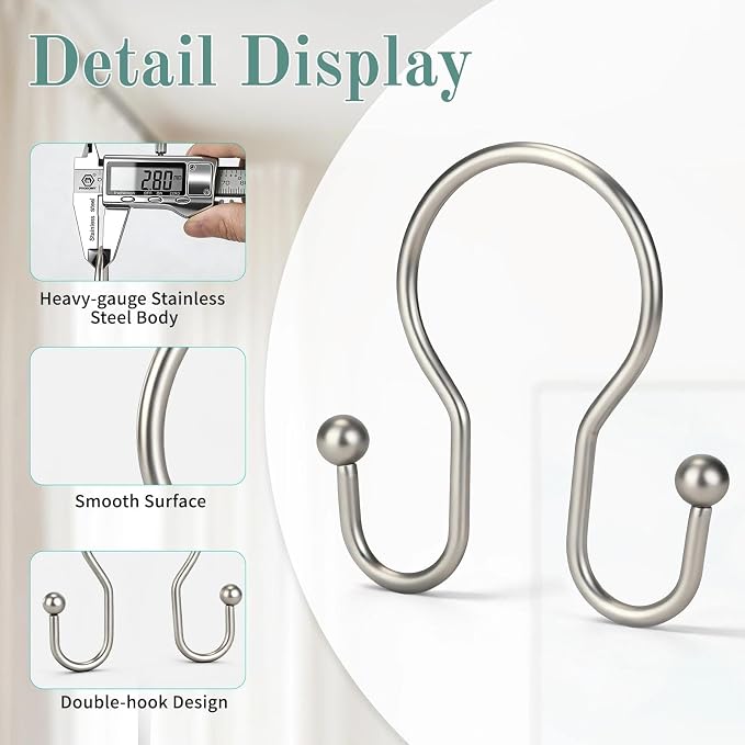 Goowin Shower Curtain Hooks, Stainless Steel Shower Curtain Hangers, Metal - Image 4